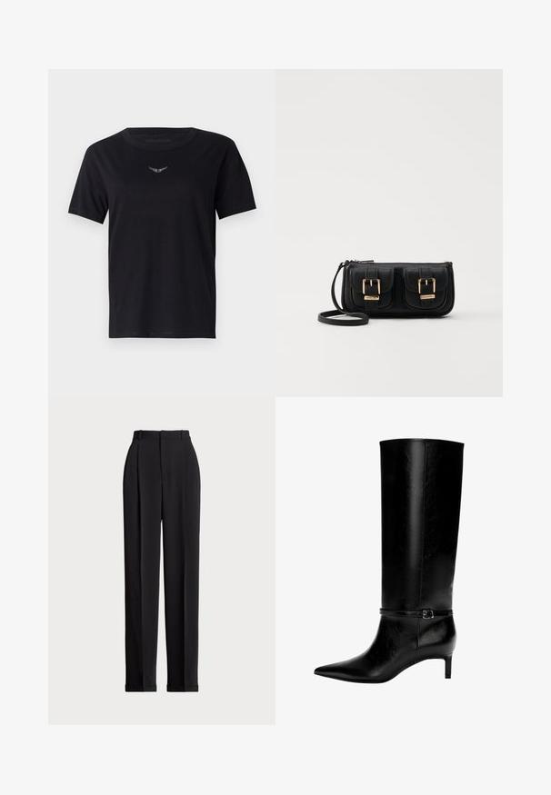 Schwarzes Baumwoll-T-Shirt mit Rundhalsausschnitt, kurzen Ärmeln und einem subtilen, strukturierten Logo in Silber auf der Brust. Glatte Stoffoberfläche.; Schwarze, taillierte Hose mit hoher Taille, mit Falten vorne, geradem Bein-Design und umgeschlagenem Saum. Aus glattem Stoff gefertigt.; Schwarze Lederstiefel bis zum Knie mit spitzer Zehe und kleinem Absatz. Verfügt über einen schmalen Riemen mit einer metallischen Schnalle am Knöchel. Glatte Textur.; Schwarze Leder-Umhängetasche mit zwei vorderen Taschen, goldenen Schnallen, Reißverschluss und einem schmalen Tragegurt. Texturierte Oberfläche und kompakte rechteckige Form.