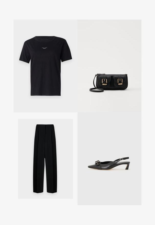 Must mustra t-särk, lühikeste varrukatega, ümar kaelus ja rinna kohal peen, tekstureeritud hõbedane logo. Sile kangaste viimistlus.; Mustad laiad püksid kõrge vöökohtaga, millel on voldid ja sujuv tekstuur. Kanga välimus on kerge ja see ripub elegantselt.; Must must nahk slingback kingad terava varbaga, väikese kontsaga ja dekoratiivse pandlaga ülaosas. Sile tekstuur, minimalistlik disain.; Must küllastamata nahast õlakott, millel on kaks esist nähtavat taskut, kuldsed pandlad, tõmblukuga sulgemine ja peen rihm. Tekstuuriga pind ja kompaktne ristkülikukujuline kuju.
