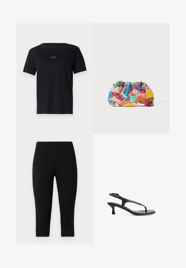Čierne bavlnené tričko s okrúhlym výstrihom, krátkymi rukávmi a diskrétnym, textúrovaným logom v striebre na hrudi. Hladký povrch materiálu.; Čierne 3/4 legíny vyrobené z elastického materiálu, s priliehavým strihom a hladkou textúrou, bez viditeľných vzorov alebo akcentov.; Čierne kožené sandále s elegantným dizajnom, tenkými popruhmi a nízkym podpätkom. Obsahujú kovovú sponu a hladký, textúrovaný stielku.; Farebná pletená kabelka s rôznymi vzormi v ružovej, modrej, zelenej a žltej farbe, s textúrovanými ozdobami a dekoratívnymi akcentmi.