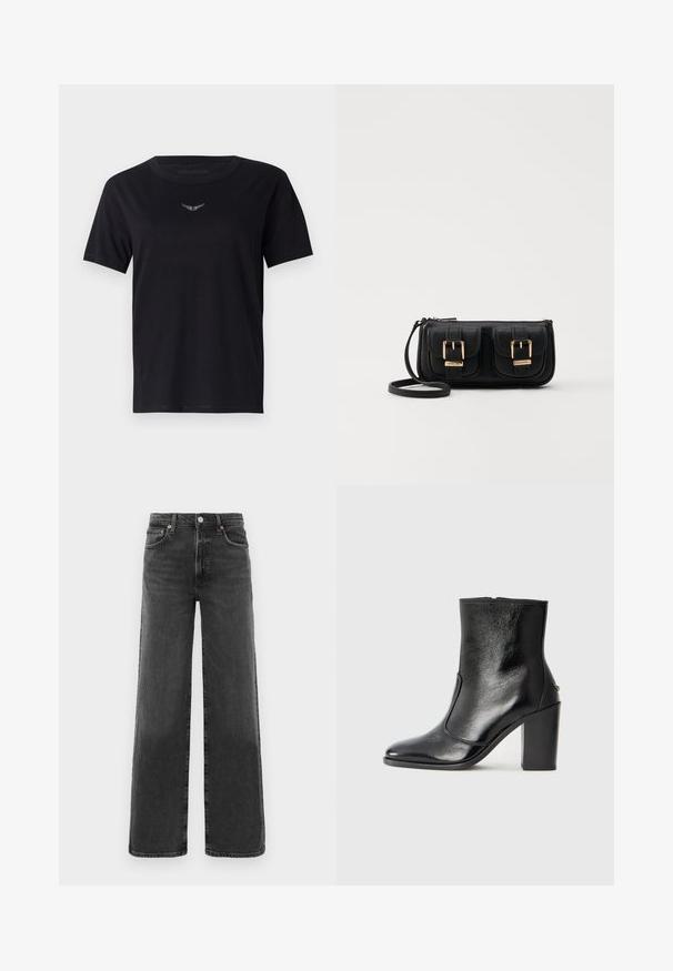 Černé bavlněné tričko s kulatým výstřihem, krátkými rukávy a decentním, texturovaným stříbrným logem na hrudi. Hladký povrch látky.; Černé džíny s vysokým pasem a rovnými nohavicemi, s předním knoflíkem a zipem, dvěma předními kapsami a dvěma zadními kapsami.; Černé kožené kotníkové boty s hladkou texturou, špičatou špičkou a robustním vysokým podpatkem. Mají boční otvor a minimalistický design.; Černá kožená crossbody taška se dvěma předními kapsami, zlatými přezkami, zipovým uzávěrem a štíhlým popruhem. Texturovaný povrch a kompaktní obdélníkový tvar.