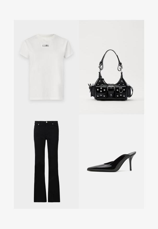 White cotton t-shirt with a round neck and short sleeves. Features a rectangular black graphic print near the neckline displaying numbers.; Black flared jeans made of denim, featuring two front pockets, a button closure, and a smooth texture. Signature stitching visible at seams.; Black patent leather high-heeled mule with a pointed toe and a sleek silhouette, featuring an open back and a slender stiletto heel.; Black leather handbag with a curved design, featuring silver studs, a buckle, and two side pockets. Adjustable strap for carrying options.
