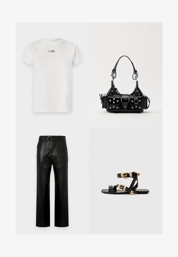 White cotton t-shirt with a round neck and short sleeves. Features a rectangular black graphic print near the neckline displaying numbers.; High-waist black leather pants with wide legs, large front patch pockets, and a matching belt with double-ring buckle.; Black leather sandals with gold buckle accents, featuring multiple straps and a flat sole design for open-toe wear.; Black leather handbag with a curved design, featuring silver studs, a buckle, and two side pockets. Adjustable strap for carrying options.
