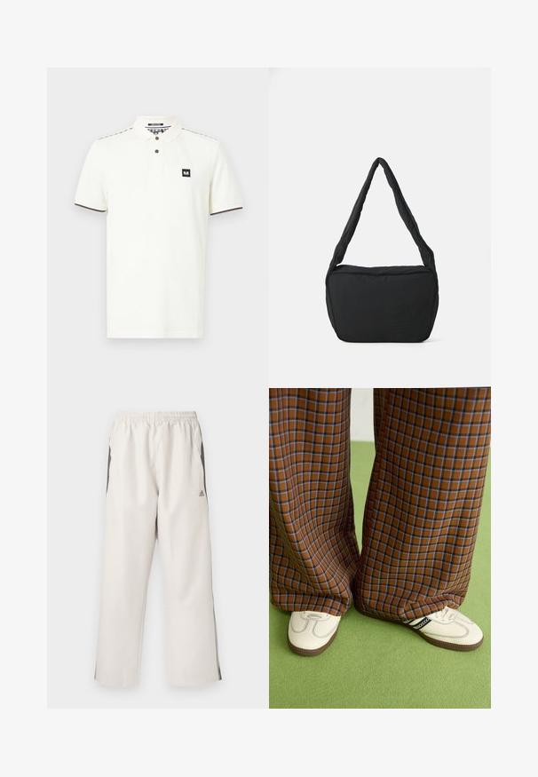 Λευκό πόλο μπλουζάκι από βαμβάκι, με γιακά, δύο καφέ κουμπιά και μαύρη ετικέτα λογότυπου στο στήθος. Διακοσμημένο με καφέ λεπτομέρειες.; Ανοιχτό μπεζ φόρμες με ελαστική μέση, πλαϊνές τσέπες, μαύρες ρίγες στο πλάι και λογότυπο Adidas στον αριστερό μηρό. Λείο υλικό.; Καφέ και μπλε καρό παντελόνια με φαρδιά πόδια, σε συνδυασμό με λευκά παπούτσια που έχουν μαύρες λεπτομέρειες και υφασμάτινες σόλες, τοποθετημένα σε πράσινο φόντο.; Μαύρη τσάντα ώμου με μαλακή υφή, στρογγυλή μορφή και φαρδύ λουρί, που διαθέτει ανάγλυφο λογότυπο στο μπροστινό μέρος.