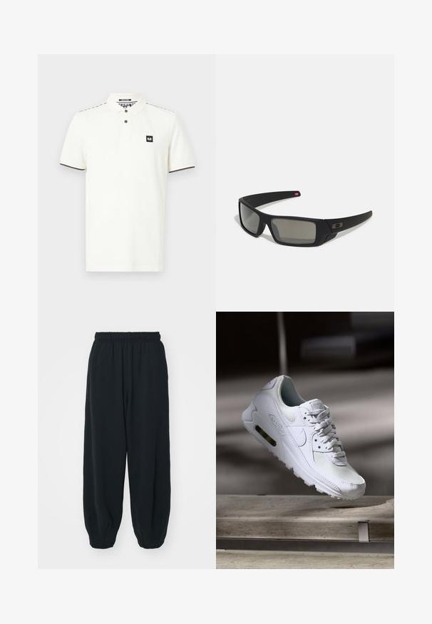Witte polo shirt van katoen, met een kraag, twee bruine knopen en een zwart logo-opdruk op de borst. Afgewerkt met bruine accenten.; Zwarte, elastiche sweatpants met een losse pasvorm, manchetten aan de enkels, een zachte textuur en zonder zichtbare patronen of hardwareaccenten.; Witte Nike Air Max 90 sneaker met een bovenwerk van mesh en leer, een geperforeerde teenbox en een zichtbare luchtunit in de hiel.; Zwarte zonnebril met een matte afwerking, rechthoekige glazen, een lichte kromming op de slapen, subtiele logodetails en rookgetinte glazen.