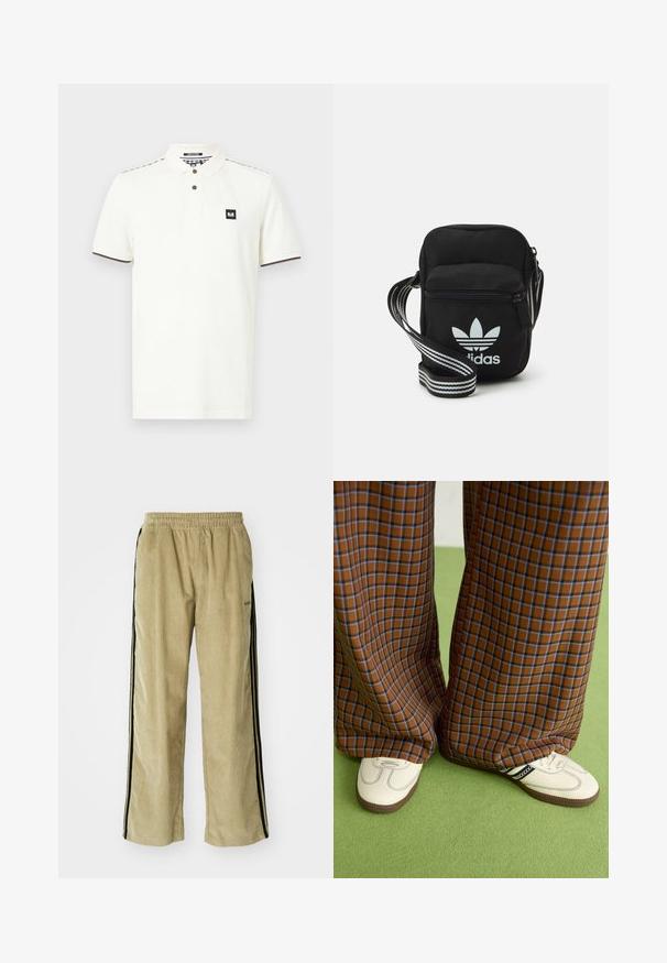 Valkoinen polo-paita, joka on valmistettu puuvillasta. siinä on kaulus, kaksi ruskeaa nappia ja musta logo-omaelämä rintaosassa. Ruskeita yksityiskohtia reunustaa.; Beige corduroy-housut, joissa on joustava vyötärönauha ja mustat sivuraitat. Kankaan pinta on ryppyinen, ja alaosa on hieman levenevä.; Ruskonsin ja sininen ruutukuvioinen leveälahkeinen housut yhdistettynä valkoisiin kenkiin, joissa on mustia yksityiskohtia ja tekstuuripohjat, vihreää taustaa vasten.; Musta kangas olkalaukku vetoketjulla, jossa on valkoinen Adidas-logo ja raidallinen säädettävä hihna helppoa kantamista varten.