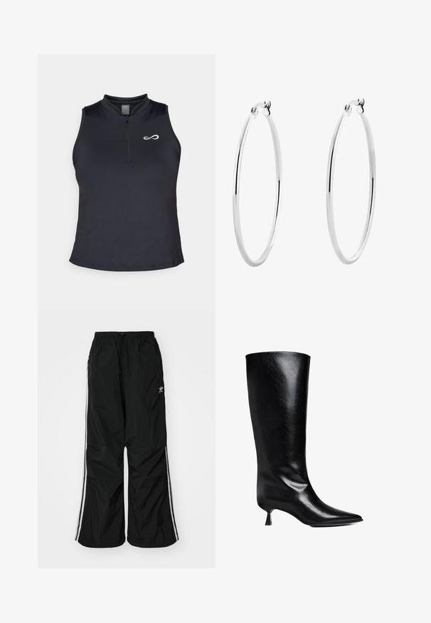 Sort ærmeløs atletisk top med høj krave og en central lynlås. Har et lille hvidt logo på venstre bryst og en glat overflade.; Sorte vindjakke-bukser med elastisk talje, snøre, hvide side-striber, løs pasform og en lille logo på venstre side.; Sort læderknæhøje støvler med spidse tæer, slank silhuet og en lav blokhæl med en blank finish.; Sølv øreringe med en glat, poleret overflade og en sømløs design, der har afrundede kanter og en sikker lukning.