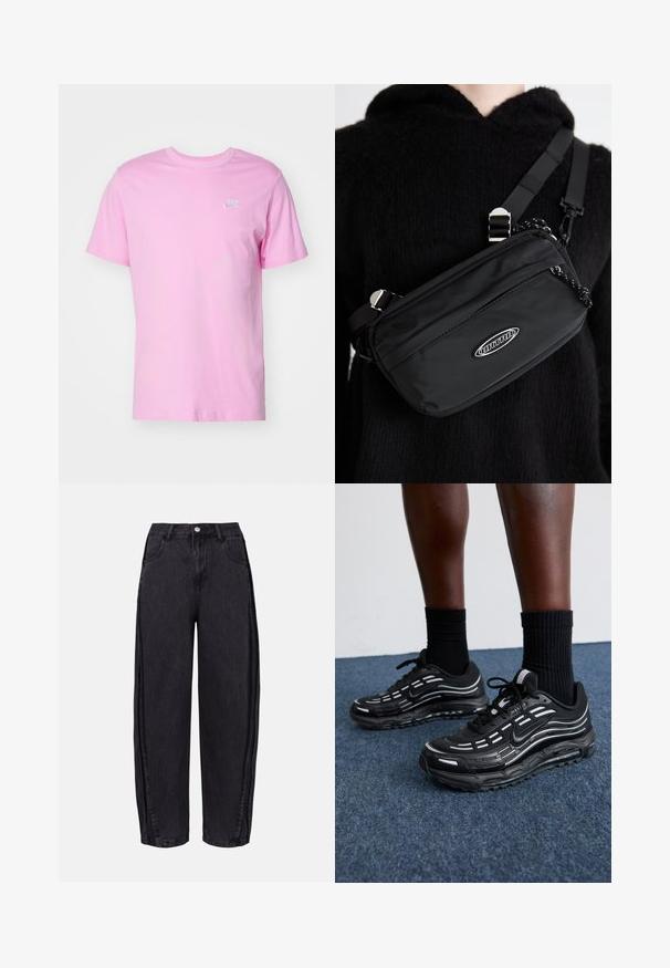 Nike Sportswear CLUB TEE - Jednoduché tričko - pink; Černé široké džíny vyrobené z denimu s hladkou texturou. Mají vysoký pas, přední kapsy a zapínání na knoflík v pase.; Černé boty Nike mají síťovanou horní část s akcentovými pruhy, texturované šněrování a černou gumovou podrážku. Nosené s černými žebrovanými ponožkami.; Černá nylonová krosbody taška s nastavitelným popruhem, s hladkou texturou, přední kapsou na zip a akcentem loga.