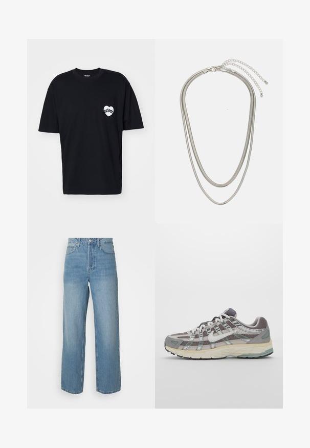 Carhartt WIP AMOUR POCKET - Nyomott mintás póló - black/white; Magas derekú, világoskék farmernadrág egyenes szárakkal, elülső gombos záródással és öt zsebes stílussal, egyszínű háttér előtt.; Szürke sportcipő, hálós és velúr felsőrésszel, fehér részletekkel, párnázott talppal és jellegzetes dizájnnal, amely visszaverő elemeket tartalmaz.; Háromrétegű ezüstszínű fém nyaklánc, letisztult, rugalmas láncokkal, enyhe fényességgel, homárkapoccsal rögzítve és állítható lánccal.