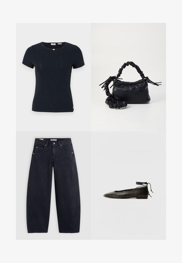 Sötétkék testhezálló póló rövid ujjakkal, kerek nyakkivágással, bordás textúrával és egy apró díszítőelemmel a gallér közelében.; Fekete farmer széles szárú nadrág magas derékkal, két elülső zsebből és ezüst színű fémrészekből áll. Simább anyagú, minimális varrási részletekkel és egyenes vonalvezetéssel.; Fekete bőr balettcipők hegyes orral, bokakötővel és lapos talppal, sima textúrával és minimalista dizájnnal.; Fekete műbőr kézi táska krokodil bőr textúrával, összehúzható tetejű és gyűrt pánttal. Lágy és kompakt dizájnúnak tűnik.