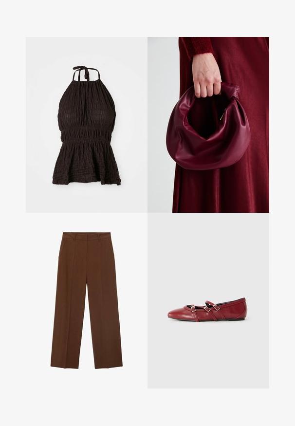 Top negru cu bretele tip halter, dintr-un material texturat, cu talie elastică și bretele ajustabile. Are un design peplum pentru un plus de formă.; Pantaloni largi maro, confecționați dintr-un material fin, cu talie înaltă, având buzunare frontale și o pliu bine definit pe față.; Balerini din piele roșie cu vârf ascuțit, având două curele decorative și catarame din argint. Textură netedă și talpă plată.; Geantă de mână din piele burgundă, cu un design moale și pliat și o formă rotundă. Mânerele sunt securizate, evidențiind o textură netedă.; Colier din argint cu un lanț care prezintă trei inele interconectate: două din argint și unul din aur, cu o finisare netedă și un închizător tip homar.