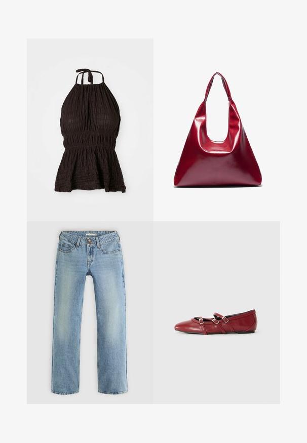 Czarny top na halter z teksturowanej tkaniny, marszczeniem w talii i regulowanymi ramiączkami. Posiada fason peplum, który nadaje kształt.; Jasnoniebieskie dżinsy o prostym kroju, wykonane z denimu, z zapięciem na guzik, pięcioma kieszeniami i subtelnym wyblaknięciem na nogawkach.; Czerwone skórzane baletki z wąskim noskiem, ozdobione dwiema dekoracyjnymi paskami i srebrnymi klamrami. Gładka faktura i płaska podeszwa.; Czerwona, błyszcząca skórzana torebka o trójkątnym kształcie, z szerokim otwarciem na górze i pojedynczym, zaokrąglonym uchwytem. Gładka tekstura z minimalnymi detalami przeszyć.; Zestaw dwunastu kolczyków w kształcie kółek w odcieniach srebra i złota. Zawiera wzory skręcone, gładkie i fakturowane w różnych rozmiarach i wykończeniach.