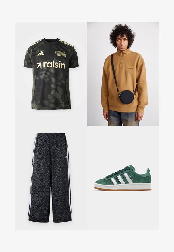 Camisola preta de manga curta com um padrão discreto de folhas, detalhes em dourado e logo "raisin". Inclui riscas Adidas nos ombros e gola redonda.; adidas Originals GRAPHIC UNISEX - Calças de fato de treino - black; Tênis de camurça verde com riscas de couro branco, sola de borracha, colarinho acolchoado e design minimalista. Apresenta uma marcação na lateral.; Sweatshirt de felpa castanho com zíper de um quarto e logótipo bordado, acompanhado de uma mala crossbody preta com fecho e detalhe do logótipo, vestida sobre uns jeans.