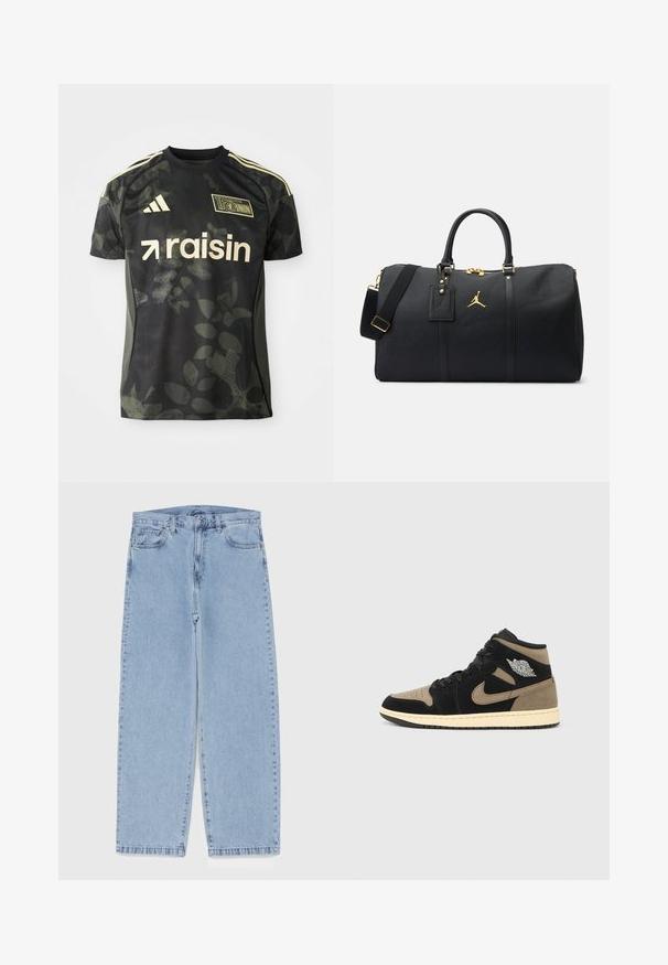 Černý krátkosrstý dres s jemným vzorem listů, zlatými detaily a logem "raisin". Obsahuje pruhy Adidas na ramenou a kulatý výstřih.; Světle modré džíny s rovnými nohavicemi, středním pasem, pěti kapsami a zapínáním na knoflík a zip.; Kotníkové tenisky z černé a béžové semiše, s perforovanou špičkou, béžovou stélkou, černými tkaničkami a stříbrným logem na boku.; Černá sportovní taška s zlatými doplňky; vyrobena z texturovaného materiálu. Obsahuje logo, odnímatelný popruh a visačku na zavazadla.