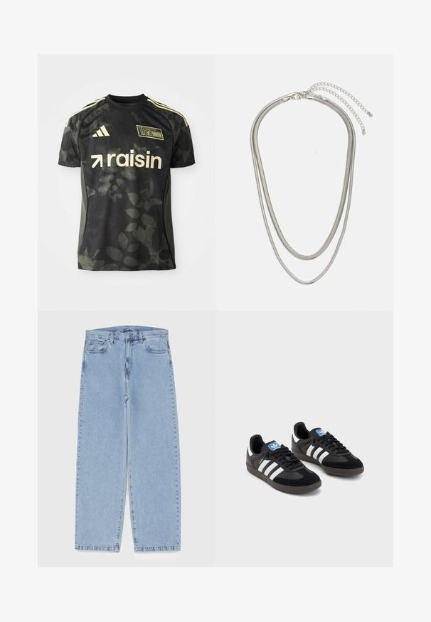 Mustapaita, jossa on lyhyet hihat, hienovarainen lehtikuvio, kultaiset yksityiskohdat ja "raisin"-logo. Sisältää Adidas-sivuraidat hartioilla ja pyöreän kaula-aukon.; Vaaleansiniset farkut suoran lahkeen muotoilulla, joissa on puolivälin vyötärö, viisi taskua sekä nappi- ja vetoketjusuljenta.; Mustat lenkkarit, joissa on mokkanahka- ja synteettinen päällinen, kolmella valkoisella raidalla, tekstuurilla varustettu kumipohja ja sininen logo-etiketti kielellä.; Kolmikerroksinen hopeametallinen kaulakoru, jossa on tyylikkäitä, joustavia ketjuja, joissa on hieno kiilto. Kaulakoru on kiinnitetty hummerilukolla ja siinä on säädettävä ketju.