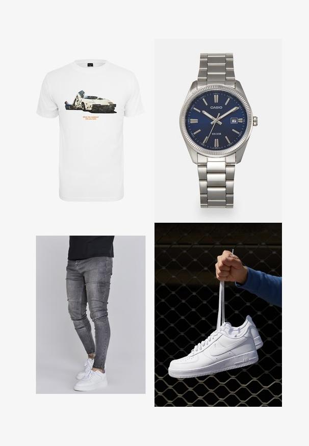White cotton T-shirt featuring a car illustration with two figures, text reading "When the weekend hits you hard," and set against a simple background.; Skinny jeans in faded gray denim, featuring distressed details at the knees, paired with white sneakers. Smooth texture, slim fit design.; White leather sneakers with perforations, round toe, flat sole, and thick laces, featuring a visible swoosh logo and "AIR" on the heel.; Silver stainless steel wristwatch with a navy blue dial, metallic hour markers, and a date window at 3 o'clock. Water-resistant to 50 meters.