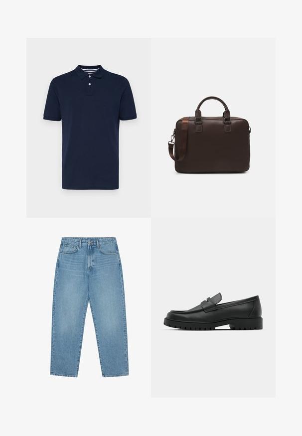 Marinblå pikétröja med kort ärm, tillverkad av bomull, med en krage och tre knappar samt subtila horisontella ränder på kragen.; Ljusblå denimbyxor med vida ben och hög midja, med fem fickor, bälteshällor och en mjuk, något urtvättad textur.; Svarta lädersneakers med rund tå, med en sydd design, låg plattformssula och en texturerad, mönstrad gummisula.; Brun läder laptopväska med en texturerad yta, dubbla handtag ovanpå, justerbar rem och två frambucklar för extra detaljer.