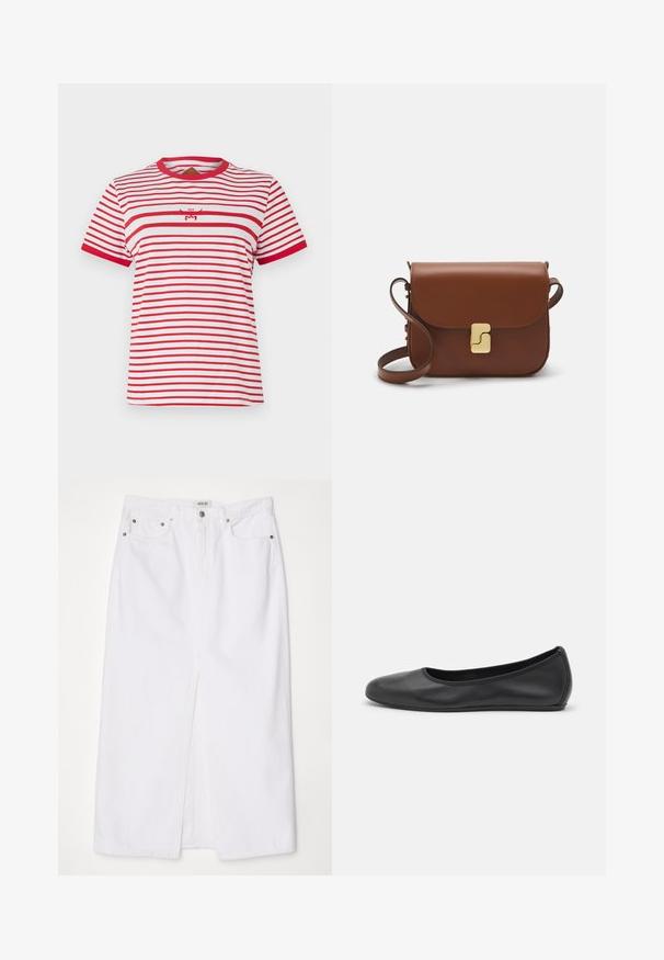 MCM COL STRIPE - Print T-shirt - candy red; White denim skirt featuring a front slit, five-pocket design, metal button and zipper closure, and stitched hem details.; Black leather ballet flat with a rounded toe, smooth texture, minimal stitching detail, and a flexible sole design.; Brown leather handbag with a flap closure, gold-tone hardware, a shoulder strap, and a smooth texture. Compact rectangular shape.