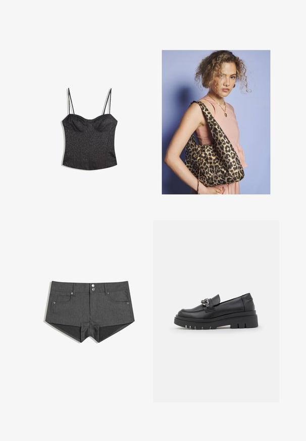 Crna bustierica s podesivim trakama, s teksturiranim uzorkom leoparda i strukturiranim dizajnom s pločama.; Sivi traper kratke hlače s dva prednja džepa, dva prednja dugmeta i prilagođenim dizajnom. Tkanina ima glatku teksturu.; Crne mokasine s debelim platformom, glatka kožna gornja strana, dekorativni lanac, i blagi potplat s udubljenim detaljem.; Žena s kovrčavom kosom nosi ružičastu majicu bez rukava i zlatni ogrlicu u obliku srca, a nosi veliku torbu s uzorkom leoparda.
