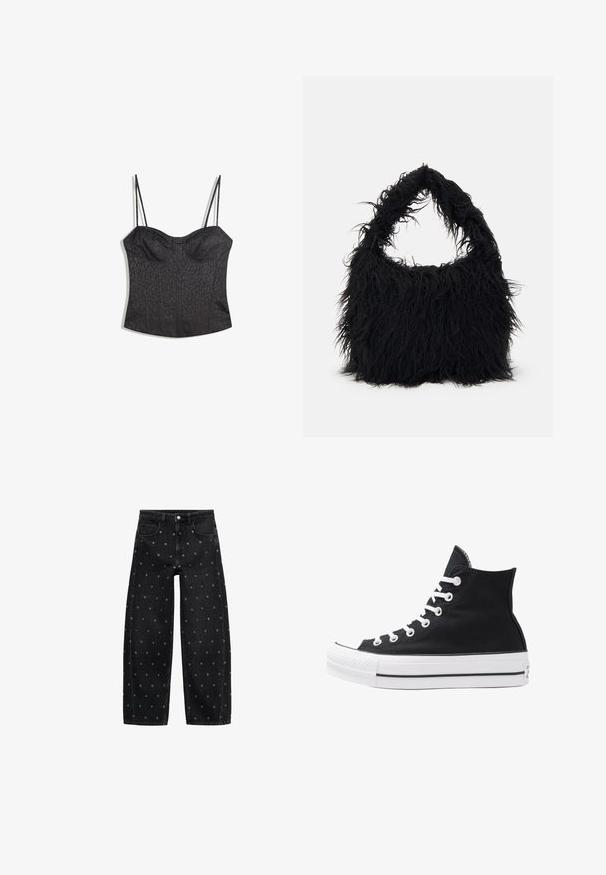 Schwarzes Bustier mit verstellbaren Spaghetti-Trägern, das mit einem strukturierten Leopardenmuster und einem gefächerten Design versehen ist.; Schwarze Jeans mit weitem Bein aus Denim, verziert mit einem Muster aus kleinen silbernen Ösen, klassischem Fünf-Taschen-Design und Knopfverschluss vorne.; Schwarze High-Top-Canvas-Sneaker mit weißen Ösen, Schnürsenkeln und Gummisohle. Verfügt über eine strukturierte Zehenkappe und schwarz-weiße Streifenakzente.; Even&Odd Shopping Bag - black