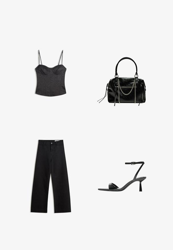 Zwarte bustier met verstelbare spaghetti bandjes, voorzien van een gestructureerd panterprintpatroon en een gestructureerd paneelontwerp.; Zwarte denim broek met wijde pijpen en een hoge taille, voorzien van voor- en achterzakken, gestikte naden en een knoopsluiting. Gladde textuur.; Bershka Sandalen met hoge hak - black; Bershka WITH CHAIN - Handtas - black