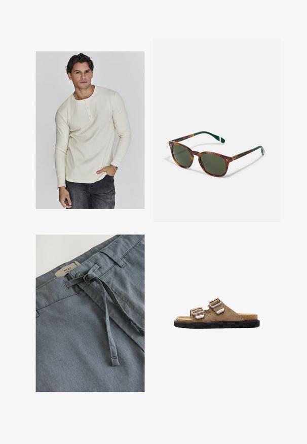 Lange mouw crèmekleurige geribbelde henley-shirt met een ronde halslijn, drieknoopssluiting en strakke manchetten, gecombineerd met donkere spijkerbroeken.; Grijze stoffen shorts met een zachte textuur, voorzien van een geknoopte trekkoord en riemlussen. Label geeft aan "NEXT" merk bij de tailleband.; Bruine suède slipper sandalen met twee verstelbare zilveren gespen, zwarte gestructureerde zool en geperforeerde details op het bovenste gedeelte.; Schildpadzonnebril met groene lenzen, ronde vorm, gouden accenten en donkergroene pootjes met een witte streep.