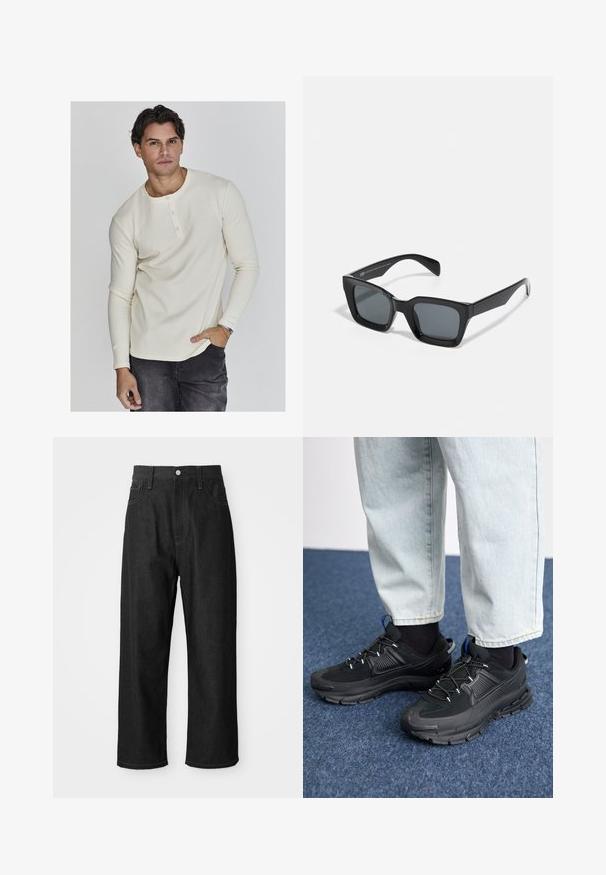 Camică henley cu mânecă lungă, de culoare crem, cu un gât rotund, placket cu trei nasturi și manșete ajustate, purtată cu blugi negri.; Pantaloni din catifea neagră cu o croială lejeră, talie înaltă, închidere cu fermoar și design cu cinci buzunare. Cusături vizibile care accentuează aspectul.; Pantofi sport negri, cu țesătură texturată și tălpi din cauciuc, având șireturi elastice și un accent albastru pe toc. Purtați cu pantaloni din denim deschis.; Ochelari de soare rectangulari negri cu lentile întunecate. Ramă din plastic cu un finisaj lucios, având un pod lat și brațe ușor înguste.