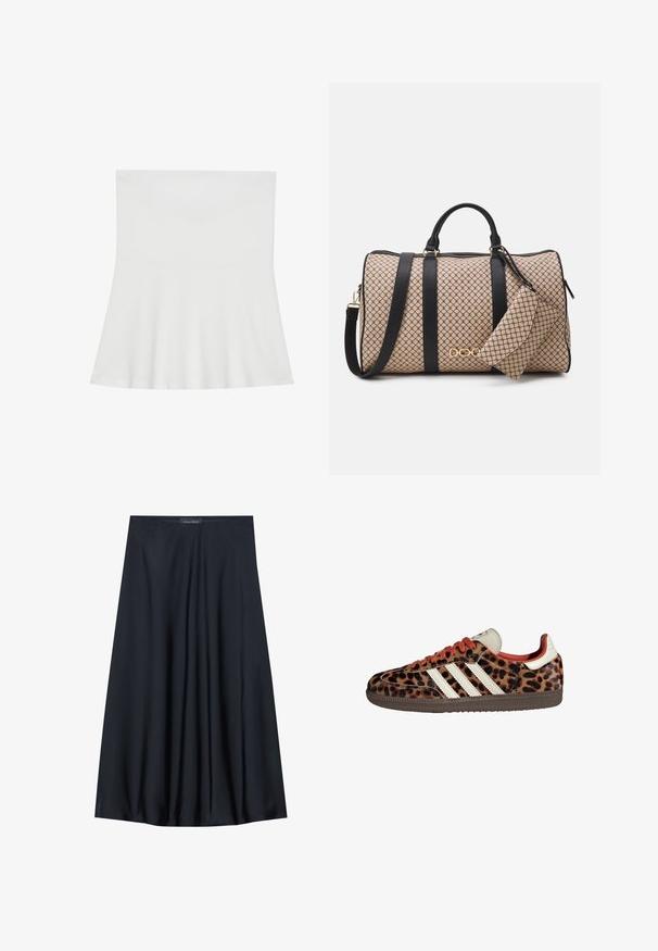 Top blanc sans bretelles en tissu doux ; design évasé avec un corsage ajusté et un ourlet droit, présentant une texture lisse.; Haut jaune sans manches avec une finition texturée et un détail froncé sur le côté. Tissu doux et coupe décontractée, avec un ourlet droit.; Jupe noire, arrivant aux genoux, en tissu léger avec un design fluide. Présente une texture lisse et de subtils plis pour un détail supplémentaire.; Baskets en imprimé léopard avec un matériau en suède, lacets rouges et trois rayures blanches sur le côté. Présente une languette de couleur crème et une semelle marron.; Sac de sport avec un extérieur à motif beige, des sangles en cuir noir, des accessoires en or et une petite pochette assortie attachée. Design structuré.; Montre-bracelet rectangulaire dorée avec un cadran blanc, des index horaires argentés et un bracelet en métal durable. Fonction étanche incluse.