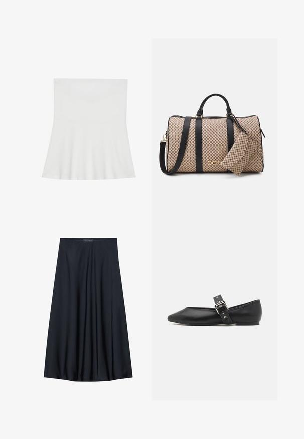 Hvid top uden stropper lavet af blødt stof; flagrende design med en tætsiddende overdel og lige kant, som har en glat tekstur.; Sort, knælang nederdel lavet af letvægtsstof med et svævende design. Har en glat tekstur og subtile plisseringer for en ekstra detalje.; Sorte læder flade sko med spids tå, side rem med en sølv spænde og en lav hæl. Glat tekstur og minimalistisk design.; Duffel taske med en beige mønstret ydre, sorte læderstropper, gyldent hardware og en lille matchende pung fastgjort. Struktureret design.; Guldtonet rektangulær armbåndsur med en hvid skive, sølvtonede time markører og et holdbart metalled. Vandafvisende funktion inkluderet.