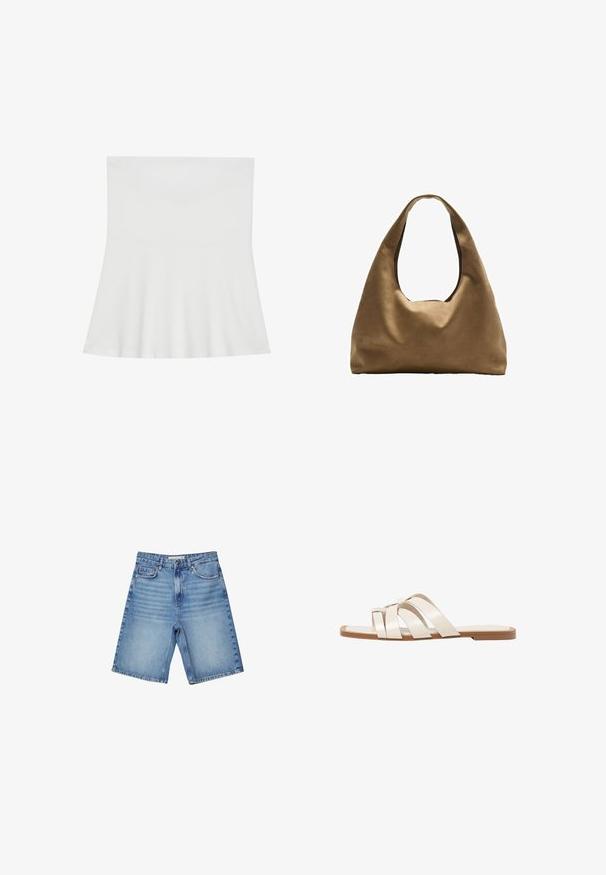 Weißes, trägerloses Oberteil aus weichem Stoff; ausgestellter Schnitt mit einem figurbetonten Oberteil und geradem Saum, der eine glatte Textur aufweist.; Denimshorts in Hellblau mit klassischem Five-Pocket-Design, Reißverschluss und subtilen Ausbleichungen. Gerader Schnitt mit gesäumten Kanten.; Flache Sandalen mit einer honigfarbenen Gummisohle, gestaltet mit drei überlappenden weißen Lederriemen und einem kleinen Schleifendetail in der Mitte.; Braune Stoffschultertasche mit einem breiten, runden Körper und einem großen Ausschnittgriff. Sanfte Textur, minimalistisches Design und keine sichtbaren Beschläge.