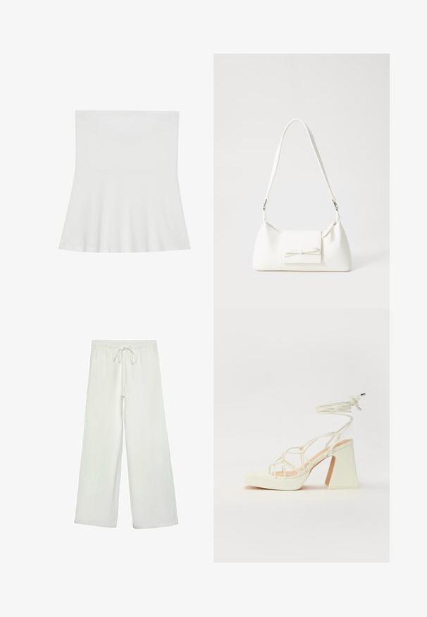 Weißes, trägerloses Oberteil aus weichem Stoff; ausgestellter Schnitt mit einem figurbetonten Oberteil und geradem Saum, der eine glatte Textur aufweist.; Weiße, weit geschnittene Hose aus weichem Stoff. Mit einem elastischen Bund und einem Kordelzug sowie einer glatten Oberfläche. Keine sichtbaren Muster oder Hardware.; Weiße High-Heel-Sandale mit einem klobigen Absatz, die über ein Riemchendesign und ein Knöchelband verfügt. Glatte Textur mit einer Plattform vorne für zusätzliche Höhe.; Weiße synthetische Handtasche in dreieckiger Form, flache Vorderklappe und Schleifendetail, verstellbarer Trageriemen, glatte Textur und minimalistisches Design.