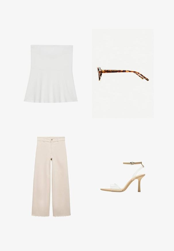 Biela top bez ramienok vyrobená z mäkkej látky; rozšírený strih s priliehavým telom a rovnými okrajmi, s hladkou textúrou.; Beige široké džínsy s vysokým pásom, s gombíkovým zapínaním, prednými vreckami a rozstrapkaným lemom. Vyrobené z denimu.; Priehľadné sandále na vysokom podpätku s transparentným zvrškom, béžovou stielkou a štíhlym remienkom na členku. Majú špicatú špičku a tenký vysoký podpätok.; Slnkové okuliare v korytnačkovom vzore s hrubým rámom, mierne zakrivenými stranami a hladkým povrchom. Majú klasický dizajn s lesklým povrchom.