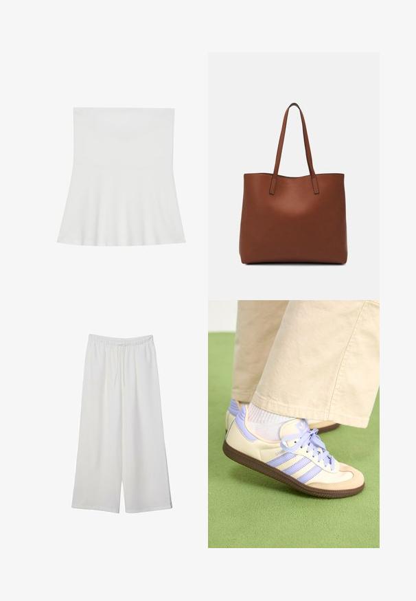 Weißes, trägerloses Oberteil aus weichem Stoff; ausgestellter Schnitt mit einem figurbetonten Oberteil und geradem Saum, der eine glatte Textur aufweist.; Weiße, weit geschnittene Hosen aus leichtem Stoff, mit einem elastischen Bund und einem Zugband für eine verstellbare Passform. Glatte Textur.; Cremefarbene und lavendelfarbene Sneakers mit drei Streifen und einer strukturierten braunen Sohle, ausgestattet mit Schnürsenkeln und einer gepolsterten Ferse. Obermaterial aus weichem Stoff.; Braune Leder-Tote mit glatter Textur, offenem Oberteil und zwei Schulterriemen. Verfügt über minimale Nähte und keine sichtbaren Beschläge.