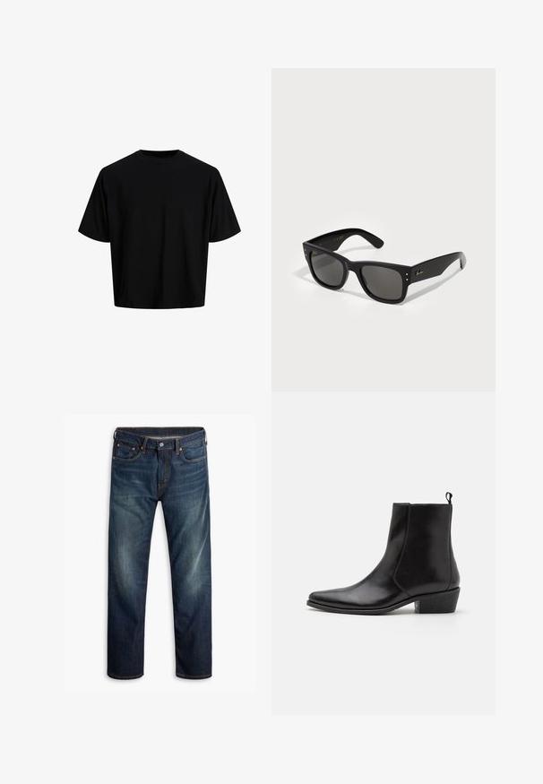 Maglietta nera corta realizzata in tessuto di cotone liscio. Presenta un colletto rotondo e maniche corte, con un design semplice e minimalista.; Jeans in denim blu scuro con lieve sbiadimento sulle cosce, design a cinque tasche, chiusura con bottone e cuciture arancioni visibili su sfondo bianco.; Zign LEATHER - Stivaletti texani / biker - black; Occhiali da sole neri con montatura quadrata, dotati di lenti scure. Decorati con piccoli punti dorati e un logo dorato sulla stanghetta. Texture liscia.