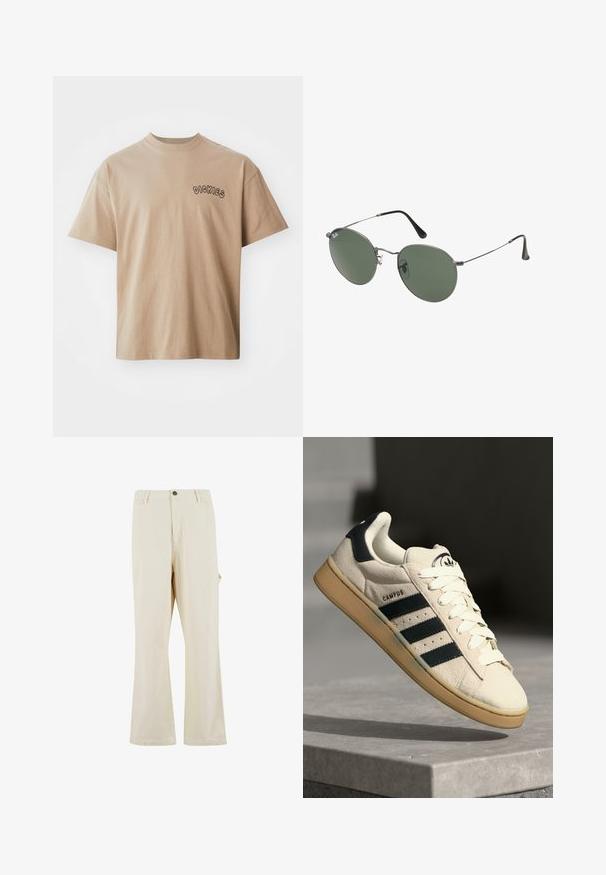 Beidzs krāsas T-krekls ar īsām piedurknēm, kas izgatavots no kokvilnas, ar apaļo kakla izgriezumu un "DICKIES" logo noapaļotā melnajā fontā kreisajā krūšu daļā.; Kremkrāsas, plaši bikses, izgatavotas no kokvilnas maisījuma auduma, ar pogu aizdari. Iespējas sānu kabatas un maiga tekstūra. Redzama šuvju detaļas.; Bežs zamšs sporta apavi ar trim tumši ziliem svītrām, baltām auklām un brūnu gumijas zoli. Uz mēles ir logo un teksts "CAMPUS".; Metāla rāmji saulesbrillēm ar ovālām zaļām lēcām. Tievs sudraba metal rāmji un melni ausu spilventiņi. Minimalistiska dizaina, bez redzamām apzīmējumiem.