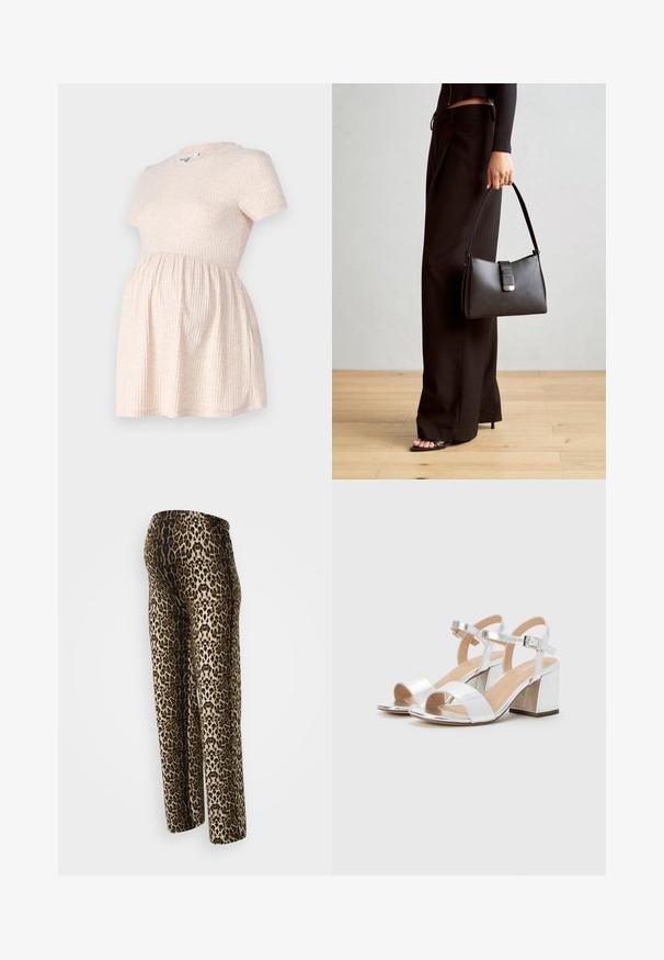 Világos bézs színű, rövid ujjú kismama ruha, kerek nyakú, bordázott textúrával, A-vonalú sziluettel, amely a deréktól kezdődően bővül.; Leopárdmintás nadrág, sima textúrával, rugalmas derékkal és lazább fazonnal. Színek: bézs, barna és fekete.; Ezüst, nyitott orrú, magas sarkú szandálok, két széles pánttal és lekerekített tömbsarkúval. Simának tűnő, fényes felület.; Fekete kézi táska strukturált formával, sima textúrával és fémből készült záródással. Széles fekete nadrággal és nyitott orrú szandállal párosítva, fából készült padlón.