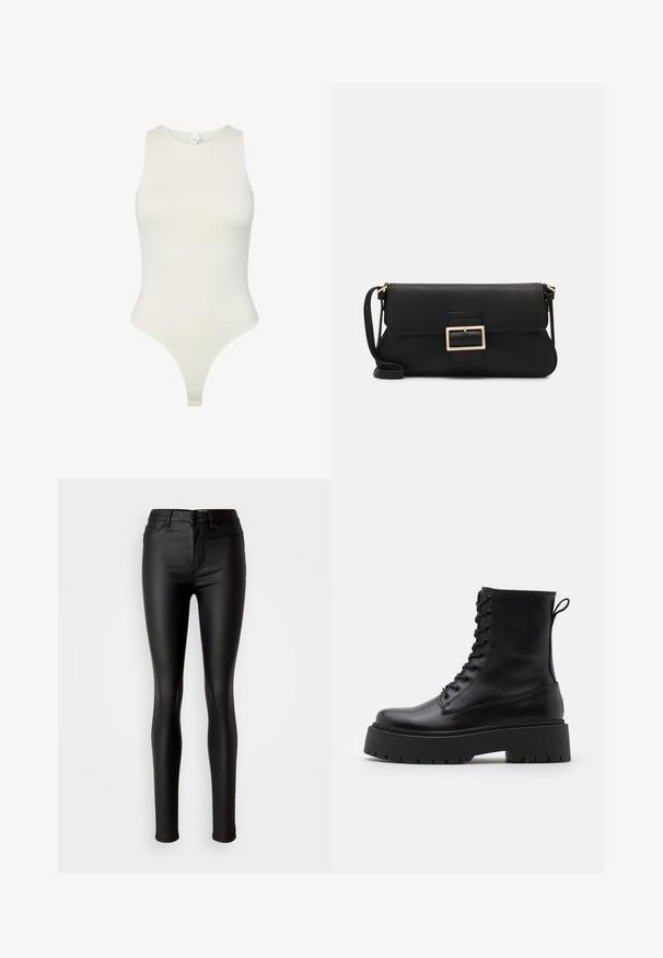 Bezelis bodysuit iš minkštos, kreminės spalvos medžiagos; turi aukštą apykaklę, glaustą dizainą ir thong tipo kirpimą apačioje. Lygus paviršius.; Juodos dirbtinės odos liesos džinsinės kelnės su lygiu paviršiumi, aukštu liemeniu, mygtuko uždarymu ir tradicine penkių kišenių dizainu.; Juodos odinės aulinukės su apvalia nosimi, raišteliais priekyje ir storesniu guminio pado apačioje su tekstūruotu raštu. Priekyje yra kilputė.; Juodas odinis dėkliukas su atvarteliu ir auksinės metalinės sagties detalėmis. Įeina juodas diržas ir elegantiškas, minimalistinis dizainas.; Aukso spalvos žiedo auskarai, ploni ir apvalūs, su lygiu metaliniu paviršiumi be papuošimų ar raštų.