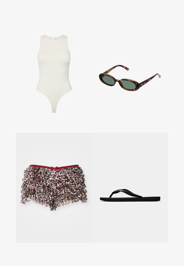 Body senza maniche in morbido tessuto color bianco sporco; presenta un colletto alto, un design aderente e un taglio a perizoma nella parte inferiore. Texture liscia.; Shorts a stampa leopardata floreale con volant sovrapposti, caratterizzati da una vita in pizzo rosso e un piccolo fiocco decorativo sulla parte frontale.; Infradito in gomma nera con cinturino testurizzato e suola piatta semplice, mostrati di lato su uno sfondo chiaro e uniforme.; Occhiali da sole tartarugati con montatura ovale e lenti verdi. Presentano aste sottili con un accento metallico vicino alle cerniere.; Even&Odd Shopping bag - black