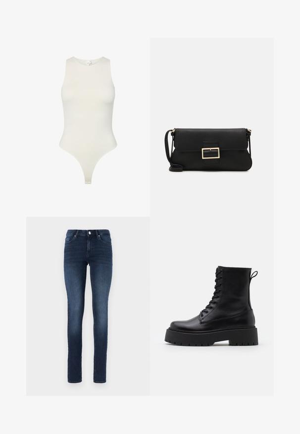 Body fără mâneci dintr-un material moale, alb-crem; are un guler înalt, un design ajustat pe corp și o tăietură tip thong în partea de jos. Textură netedă.; Jeans skinny de culoare albastru închis, din denim, cu un design clasic cu cinci buzunare, sistem de prindere cu nasture și decolorare subtilă pe coapse.; Botine din piele neagră, până la gleznă, cu vârful rotund, șireturi în față și o talpă groasă din cauciuc cu un model texturat. Fâșie de tragere la spate.; Geantă de mână din piele neagră, cu clapetă și un detaliu din metal auriu. Include o curea neagră și un design elegant, minimalist.; Cercei din argint cu un design torsadat, având un finisaj lucios și închidere cu tijă. Au un diametru de aproximativ 3 cm.