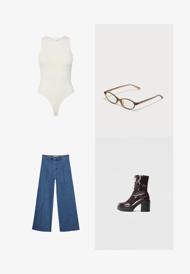 Bodysuit bez rękawów wykonany z miękkiej, kremowej tkaniny; charakteryzuje się wysokim dekoltem, dopasowanym krojem oraz majteczkowym wykończeniem na dole. Gładka tekstura.; Jeans typu wide-leg w średnim niebieskim kolorze, z wysokim stanem, zapięciem na guziki oraz kontrastowymi szwami pionowymi z przodu.; Błyszczące bordowe botki za kostkę z masywną czarną obcasem, charakteryzujące się gładką teksturą i prostym wzornictwem. Brak widocznych zapięć lub wzorów.; Brązowe okulary w motyle z owalnymi soczewkami, cienkimi ramionami i przezroczystymi akcentami. Posiadają subtelne logo na zauszniku. Smukły, lekki design.