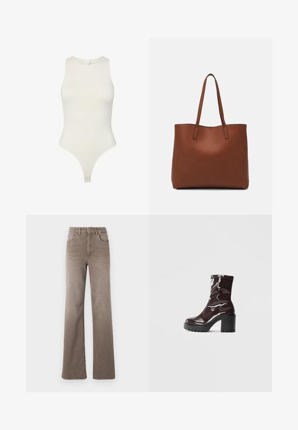 Bodysuit bez rukava od mekog, off-white materijala; ima visoki izrez, oblikovanu kroju i potpunu zadnju stranu. Glatka tekstura.; Smeđe traperice visokog struka ravnog kroja s prednjim gumbom, petljama za pojas i klasičnim dizajnom od pet džepova na bijeloj pozadini.; Sjajna burgundska čizma do gležnja s debelim crnim potplatom, koja se odlikuje glatkom teksturom i jednostavnim dizajnom. Nema vidljivih kopčanja ili uzoraka.; Smeđa kožna torba preko ramena s glatkom teksturom, otvorenim vrhom i dvjema naramenicama. Ima minimalne šavove i nema vidljivog hardvera.