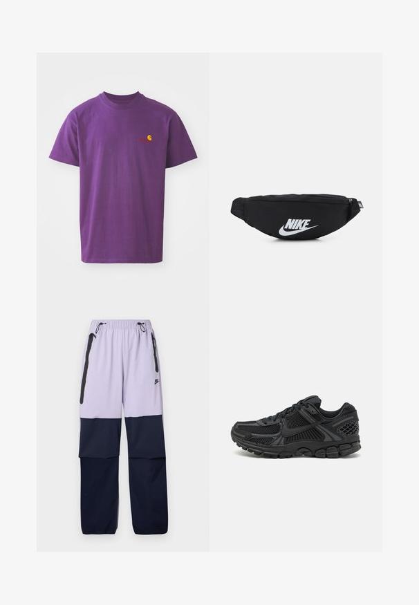 Paarse katoenen t-shirt met een ronde hals. Heeft een klein geel en rood logo op de linkerborst. Korte mouwen, reguliere pasvorm.; Paarse en marineblauwe Nike-broek met een elastische tailleband, trekkoord, zijritszakken en een kleurblokontwerp. Gemaakt van lichtgewicht stof.; Zwarte sportieve schoen met bovenwerk van mesh, rubberen zool en gestructureerde accenten. Het ontwerp bevat een opvallend vetersysteem en een gewatteerde zool.; Zwarte nylon heuptas met een ritsluiting, voorzien van een groot wit Nike-logo. Soepele textuur en ergonomisch ontwerp voor comfortabel dragen.
