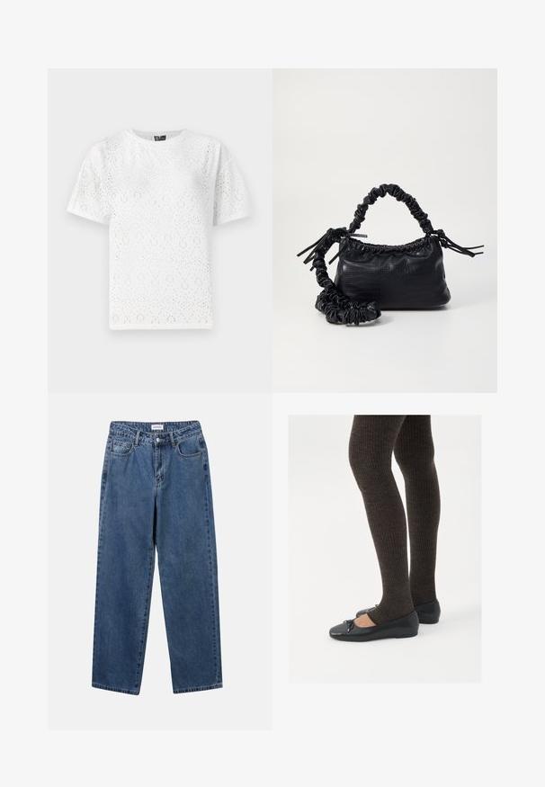 Balts kokvilnas T-krekls ar perforētu rakstu, kas satur izliekta veida formas, īsām piedurknēm un apaļu kakla izgriezumu. Gluda tekstūra un brīvs piegriezums.; Klasiskie zili džinsi ar taisnu kāju dizainu, pieciem kabatām un pogu aizdari. Iezīmējas ar vidēju mazgāšanu un izturīgu tekstūru.; Melnas plakano formas kurpes ar mazu loku uz pirksta, apvienotas ar tumši brūnām ribotām zeķubiksēm. Kurpēm ir gluda tekstūra un zems profils.; Melnā mākslīgās ādas rokassoma ar krokodila rakstu, savilkta augšdaļa un saburzīta siksna. Izskatās mīksta un kompakta pēc dizaina.