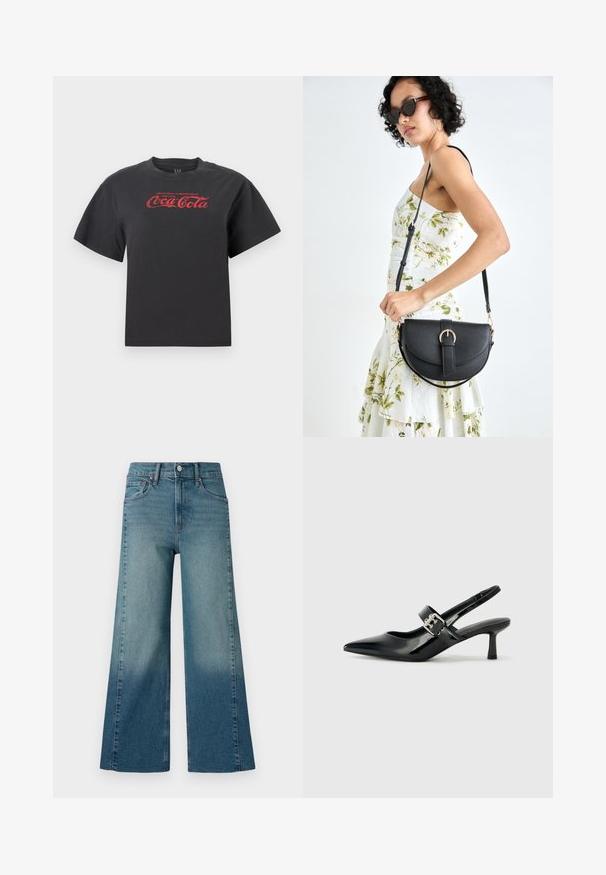 T-shirt de algodão preto com mangas curtas, apresentando um logo e texto da Coca-Cola em vermelho na parte frontal. Decote redondo clássico, ajuste descontraído.; Calças de ganga de perna larga em um azul médio, apresentando um efeito de degradação do mais escuro para o mais claro. Feitas de ganga com um design tradicional de cinco bolsos.; Saltos slingback em verniz preto com bico pontiagudo e um pequeno salto bloco, apresentando um detalhe de fivela prateada na tira.; Bolsa de couro preta com forma curva, alça destacável e detalhes em dourado. A bolsa possui uma aba com detalhe de fivela.