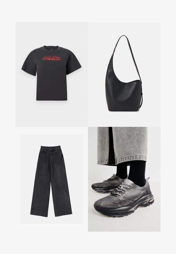 T-shirt in cotone nero con maniche corte, caratterizzato da un logo rosso della Coca-Cola e testo sul petto. Collo rotondo classico, vestibilità rilassata.; Jeans in denim neri a gamba larga con vita alta, design classico a cinque tasche e una leggera scoloritura. Tessuto resistente con una texture liscia.; Le scarpe da ginnastica nere e grigie presentano una tomaia in rete, suole spesse e lacci. Hanno una punta arrotondata e un dettaglio di ammortizzazione visibile.; Borsa hobo nera in pelle con una superficie liscia, forma curvata e una singola tracolla regolabile; presenta un'ampia apertura nella parte superiore.