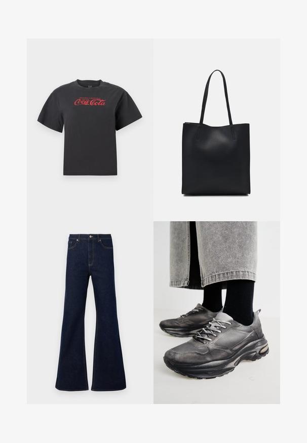 Black cotton t-shirt with short sleeves, featuring a red Coca-Cola logo and text across the chest. Classic crew neckline, relaxed fit.; Dark blue flared denim jeans featuring a high waist, front pockets, and golden stitching accents. Smooth texture with a traditional cut.; Black and gray athletic shoes feature a mesh upper, thick soles, and laces. They have a rounded toe and visible cushioning detail.; Black leather tote bag with smooth texture, rectangular shape, and two long handles. No visible hardware or embellishments.