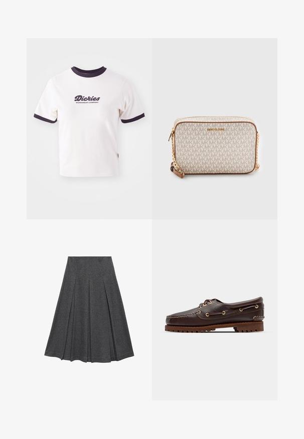 Biela tričko s tmavo námorníkov myšlenkou a rukávmi. Obsahuje veľký grafický textový logotyp v tmavo námorníckej farbe "Dickies WORKWEAR COMPANY."; Šedá plisovaná sukňa s rozšíreným tvarom, vyrobená z jemnej látky. Obsahuje vertikálne plisovanie a hladký pás pre upevnený vzhľad.; Hnedé kožené loďkové topánky so zlatými očkami, okrúhlymi šnúrkami a štruktúrovanou hnedou gumovou podrážkou. Obsahuje prešívané detaily a vyvýšené logo.; Béžová crossbody taška vyrobená z plátna s opakujúcim sa vzorom loga MK, zlatým kováním a reťazovým popruhom. Obsahuje zipsové zapínanie a kožené akcenty.