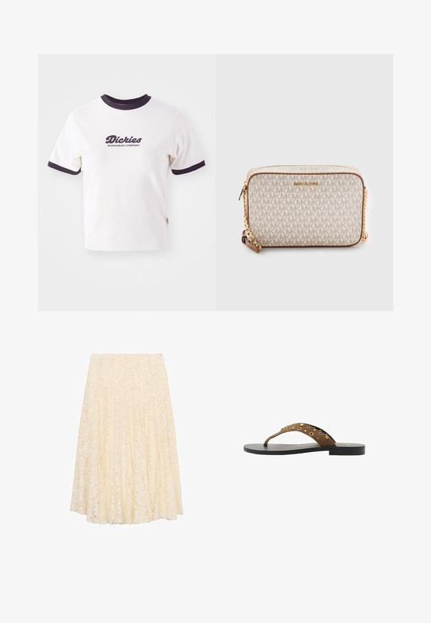 Tricou alb cu guler și mâneci ribbate de culoare albastru închis. Prezintă un logo grafic mare, în text de culoare albastru închis, "Dickies WORKWEAR COMPANY."; Fustă midi din dantelă crem cu un model floral, design plisat și textură netedă. Talie plată și lungimea ajunge sub genunchi.; Flip-flop maro din suede cu o singură curea, decorată cu ținte aurii, talpă neagră, design plat și formă simplă, minimalistă.; Geanta de umăr bej, realizată din pânză, cu un model repetitiv al logo-ului MK, accesorii din aur și o curea din lanț. Dispune de o închidere cu fermoar și accente din piele.