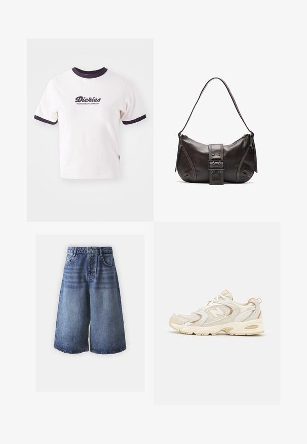 Camiseta blanca con cuello y mangas de canalé en azul marino oscuro. Presenta un gran logo de texto gráfico en azul marino oscuro que dice "Dickies WORKWEAR COMPANY."; Shorts de mezclilla en degradado de azul claro a oscuro con un diseño clásico de cinco bolsillos, acabados con un cierre de botón y piernas anchas.; Zapatillas deportivas beige con superposiciones de malla y sintéticas, presentando una superficie texturizada, un collar acolchado y amortiguación "ABZORB" en el talón.; Bolso de hombro de cuero marrón con forma curva, que presenta un prominente detalle de hebilla, costuras en contraste y una sola correa para el hombro.