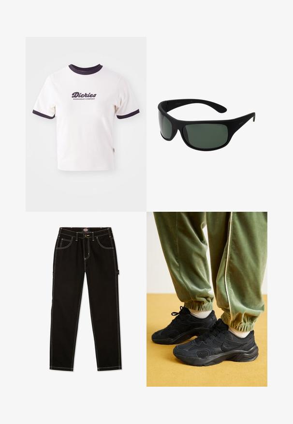 Biela tričko s tmavo námorníkov myšlenkou a rukávmi. Obsahuje veľký grafický textový logotyp v tmavo námorníckej farbe "Dickies WORKWEAR COMPANY."; Čierne denimové nohavice s kontrastným bielym šitím, piatimi vreckami a tenkou páskou na boku. Štandardný strih, rovný strih nohavíc.; Čierne športové tenisky so sieťovinou a syntetickými prekrytiami, textúrovaná podrážka, v kombinácii so zelenými teplákmi s elastickými manžetami, na žltom povrchu.; Čierne slnečné okuliare s obvodovým rámom a tmavozelenými šošovkami. Matný povrch, zakrivený dizajn, so rovnými stranami a nenápadným logom na boku.