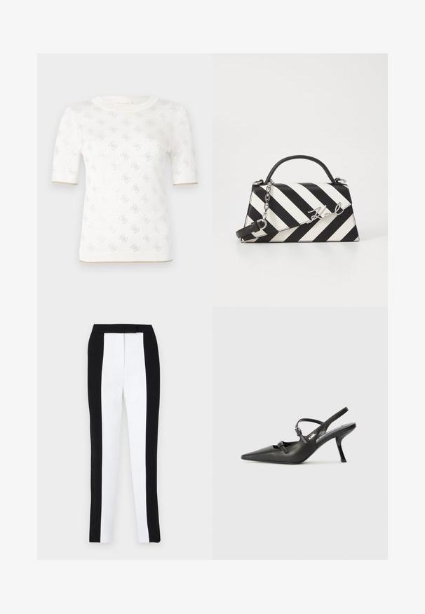 Knitted white short-sleeve top with subtle pattern, featuring a round neckline and gold accent at the hem. texture appears lightweight and breathable.; Black and white tapered trousers featuring a slim fit with contrasting panels. Fabric has a smooth texture; waistband is flat and fitted.; Black leather slingback heels with a pointed toe, slender heel, and decorative buckle detail on the vamp. Smooth texture and sleek design.; Black and white striped handbag with a structured shape, featuring a top handle, a detachable chain strap, and metallic logo accent.